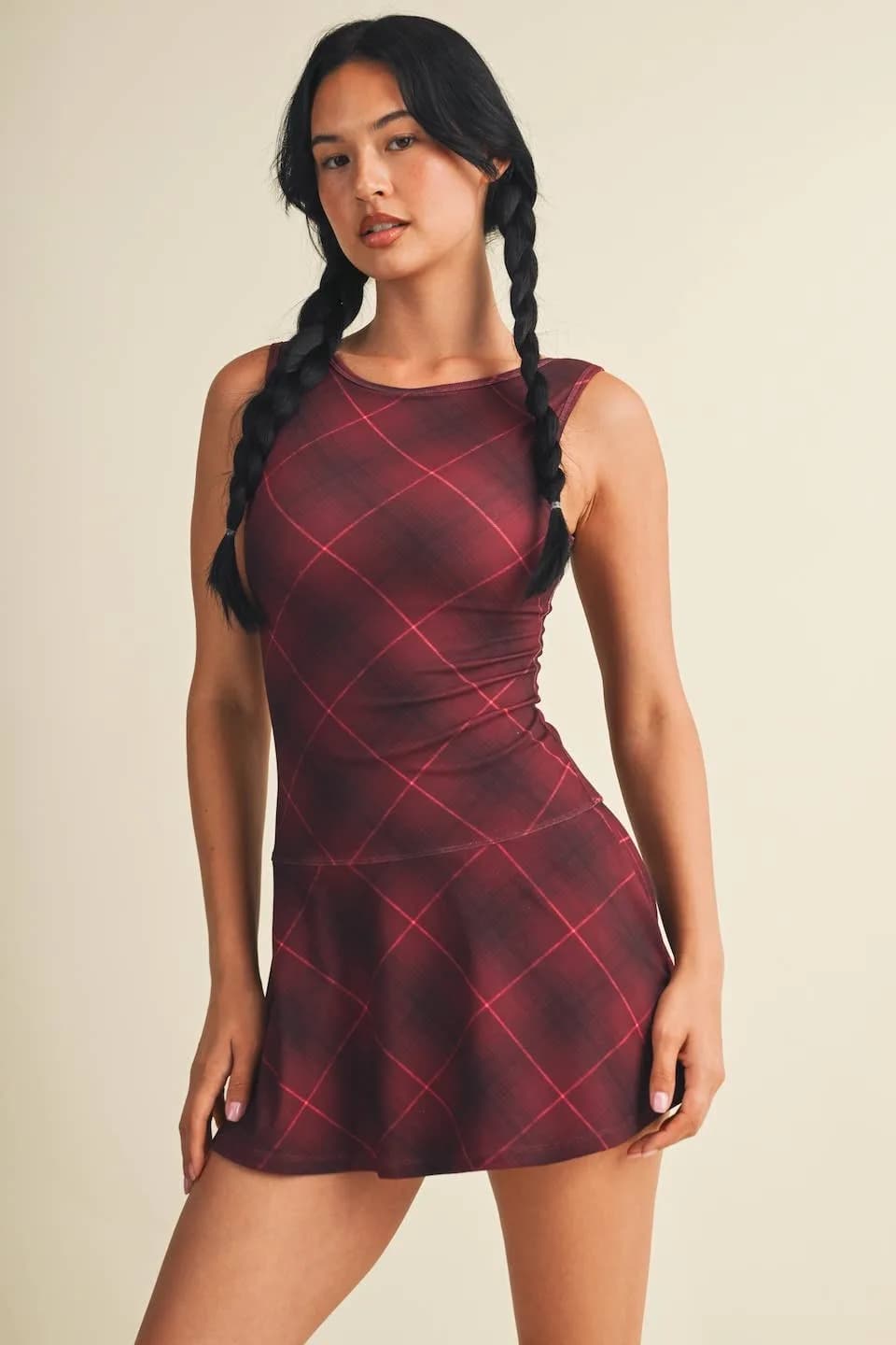 Plaid Print A-Line Mini Dress with Drop Waist by Glowie
