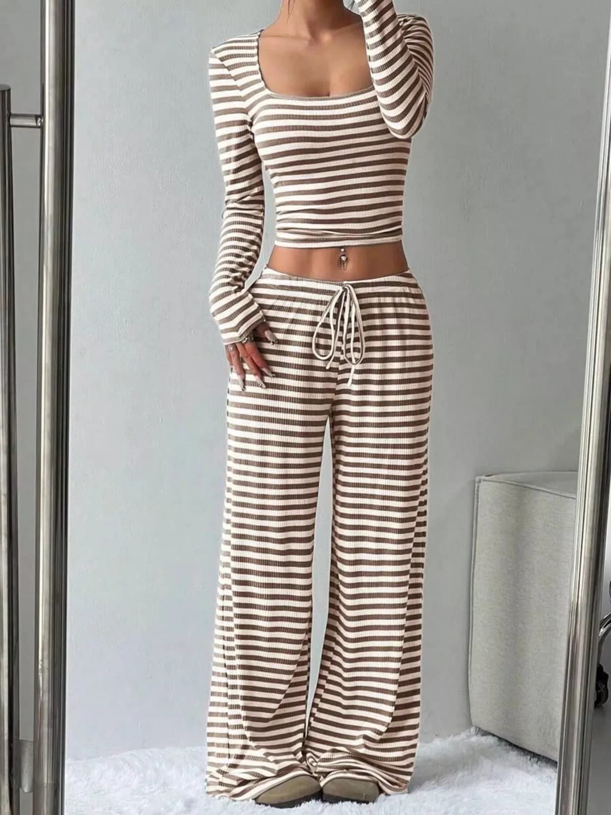 Striped Long Sleeve Crop Top and Wide Leg Pants Set