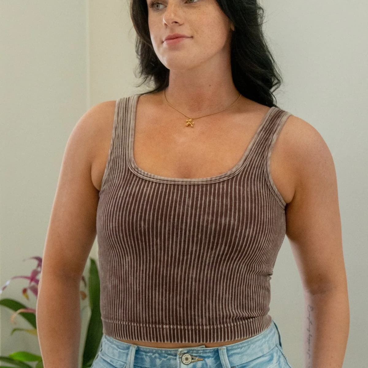 Stone Washed Ribbed Square Neck Tank Crop Top Zenana (Mahogony)