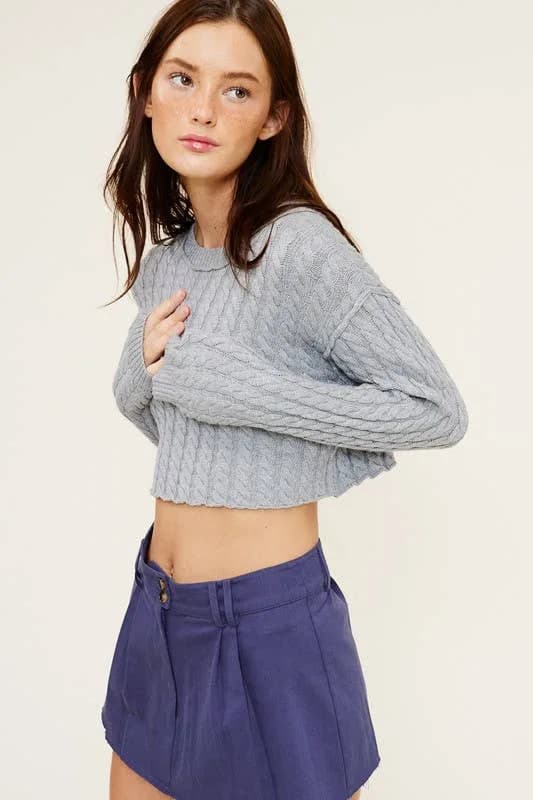 Black Crop Long Sleeve Round Neck Knit Sweater
