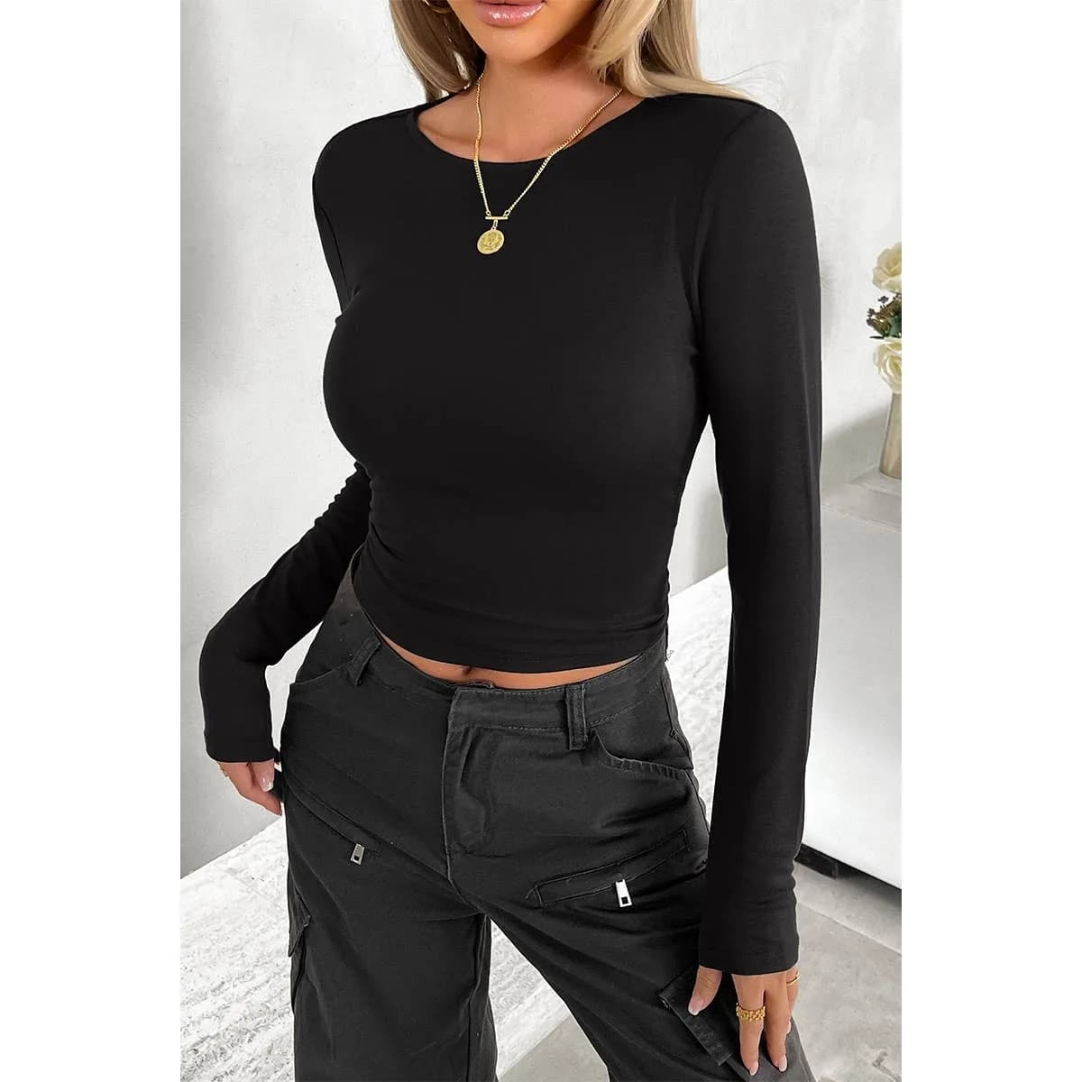 Round Neck Solid Long Sleeves Elastic Fit Top (Black)