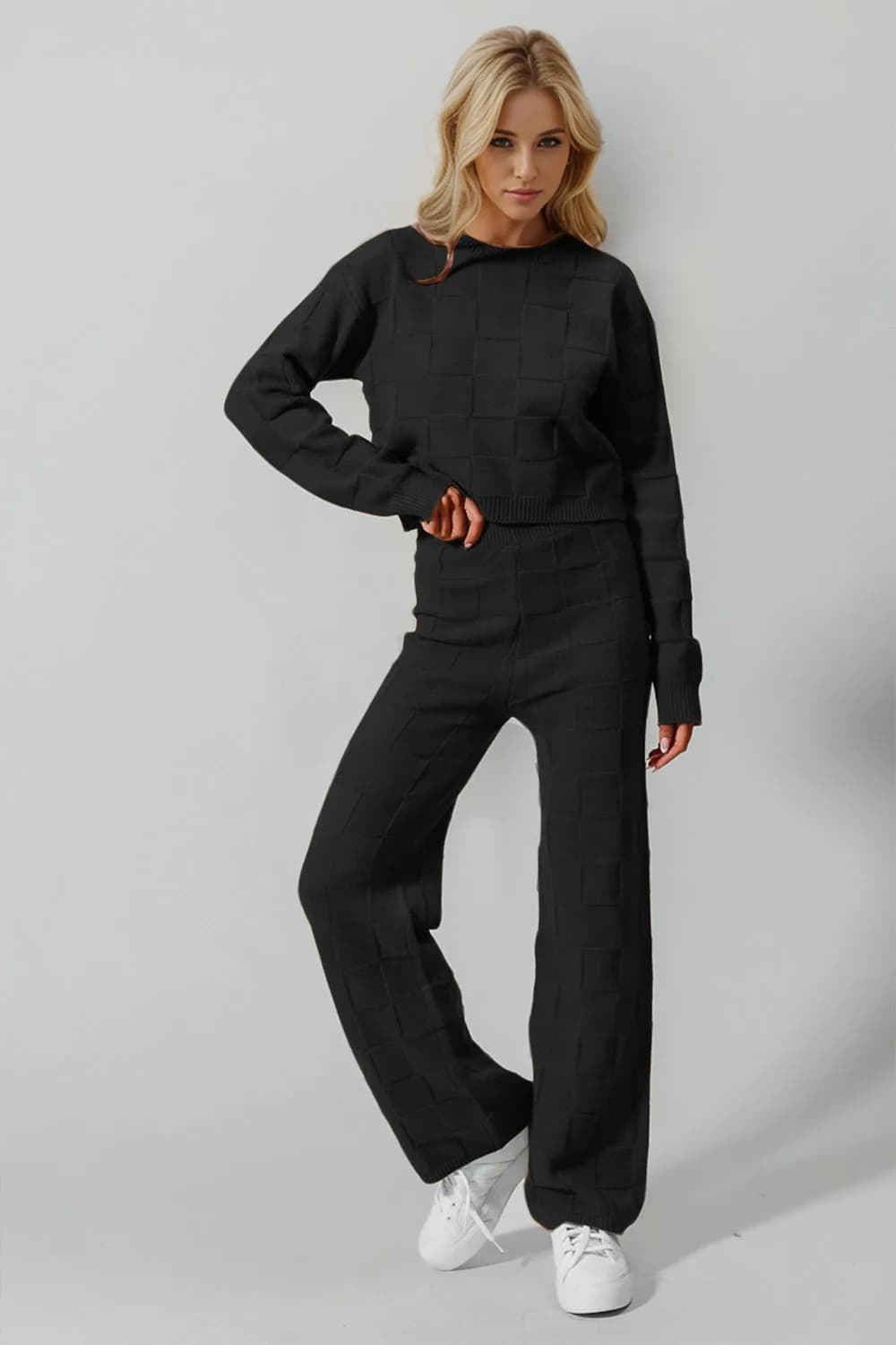 Double Take Full Size Checkered Round Neck Top and Pants Set Multiple Colors