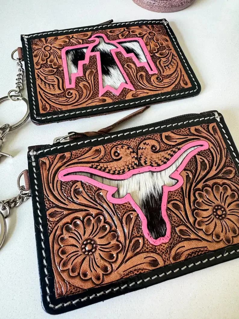 Bow Turquoise Tooled Leather Keychain Wallet