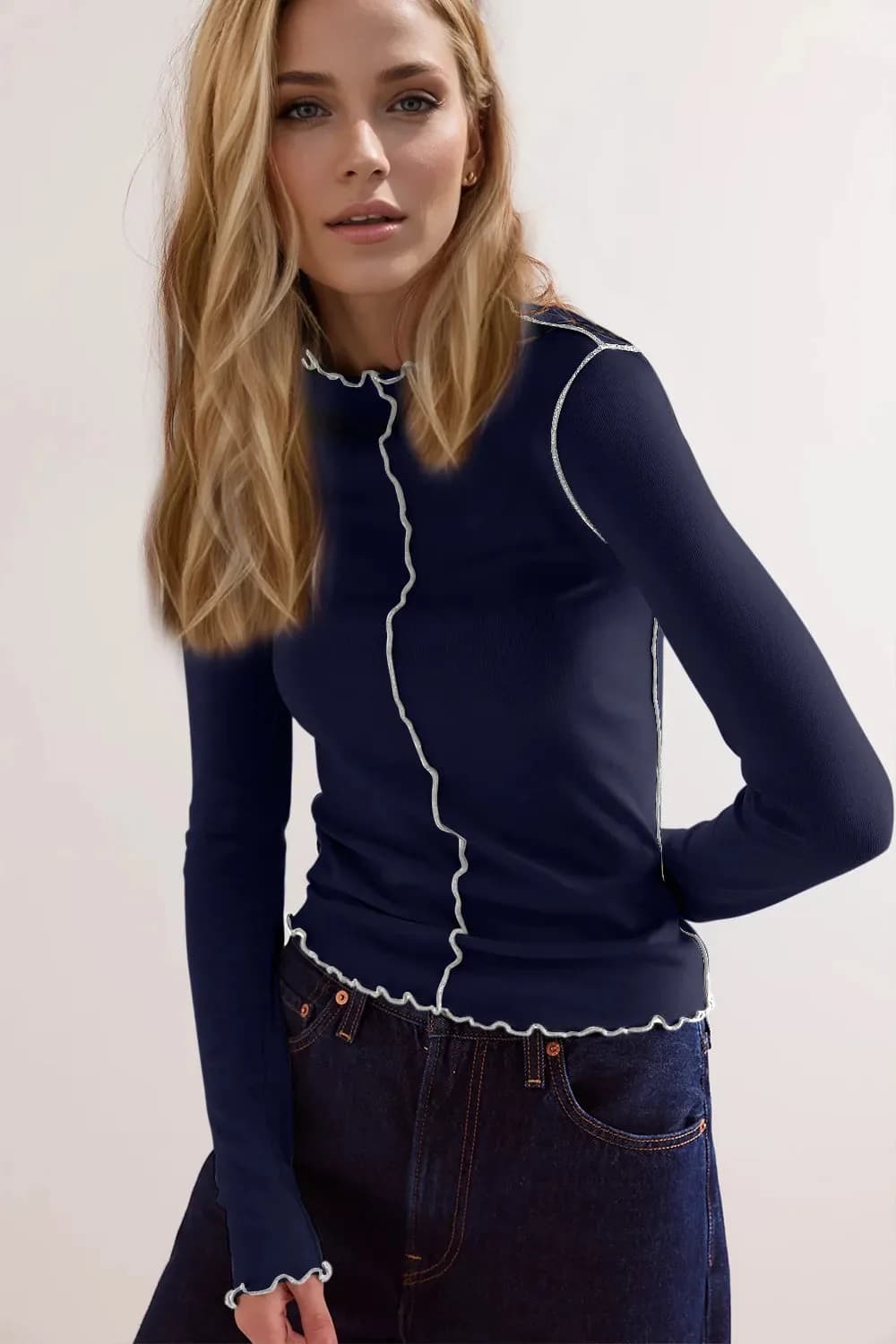 Basic Bae Contrast Trim Mock Neck Long Sleeve T-Shirt in Multiple Colors