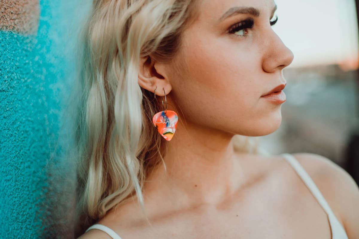 Guitar Pick Groupie Love ILY Cosmic Pearl Hoop Earrings