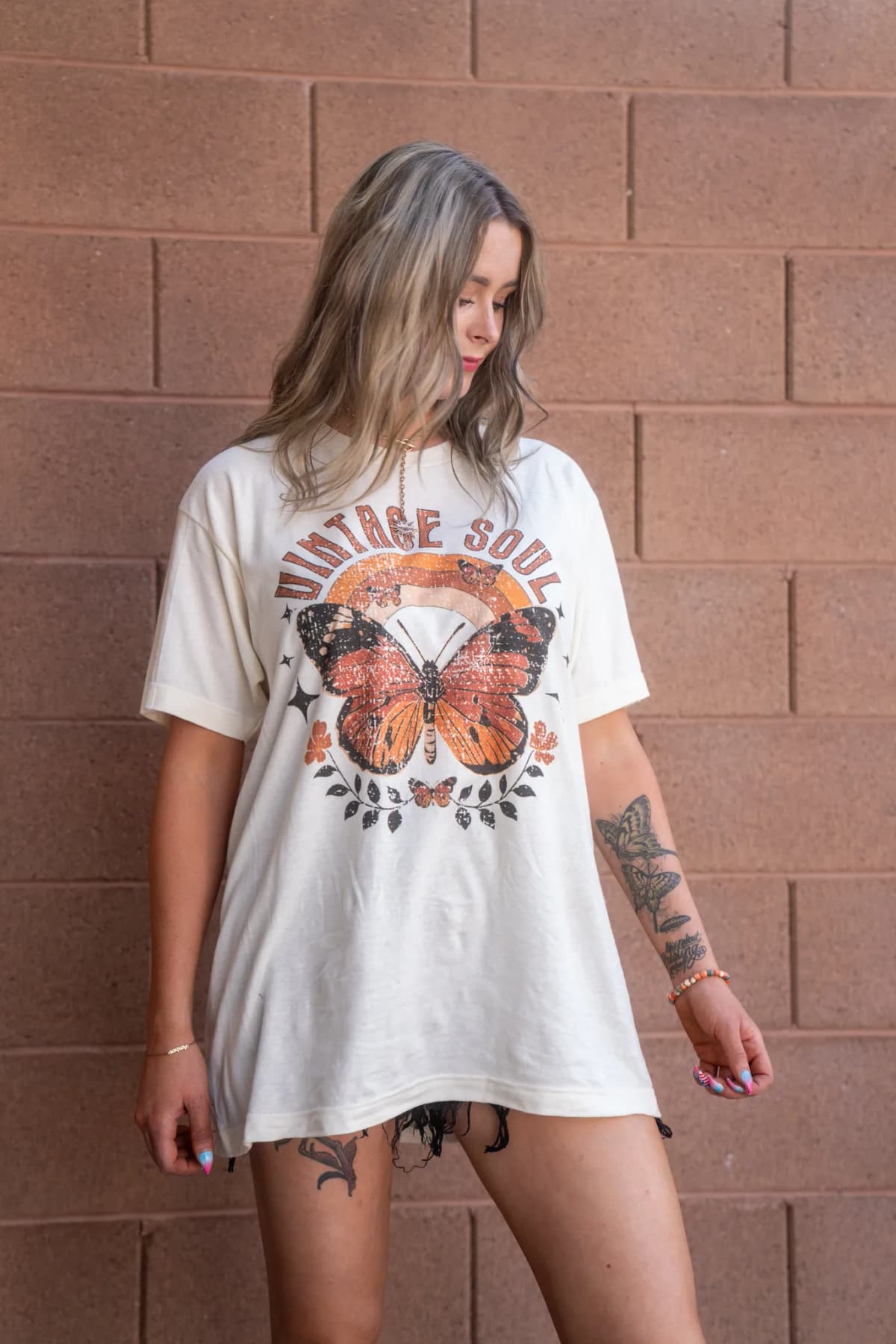 Vintage Soul Butterfly Retro Rainbow Distressed Oversize Tee Select Apparel