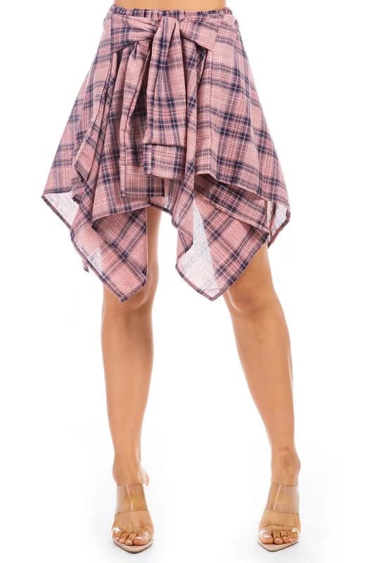 Mauve Plaid Shaggy Knee Sexy Skirt