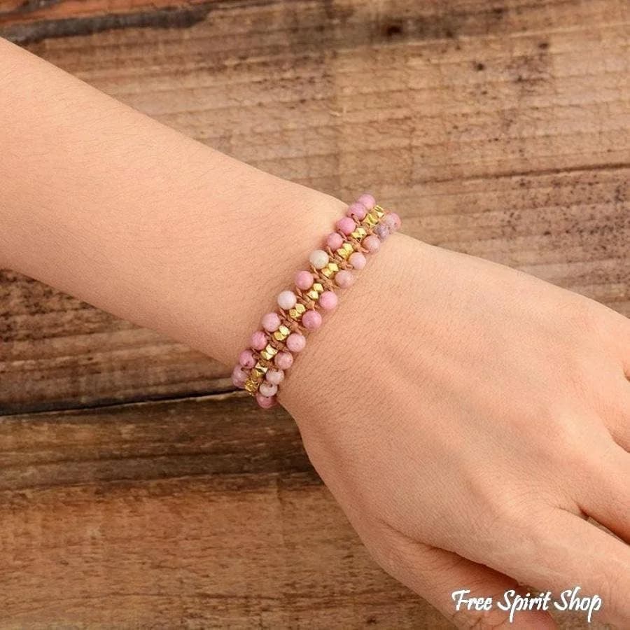 Handmade Natural Rhodonite Braided Bracelet