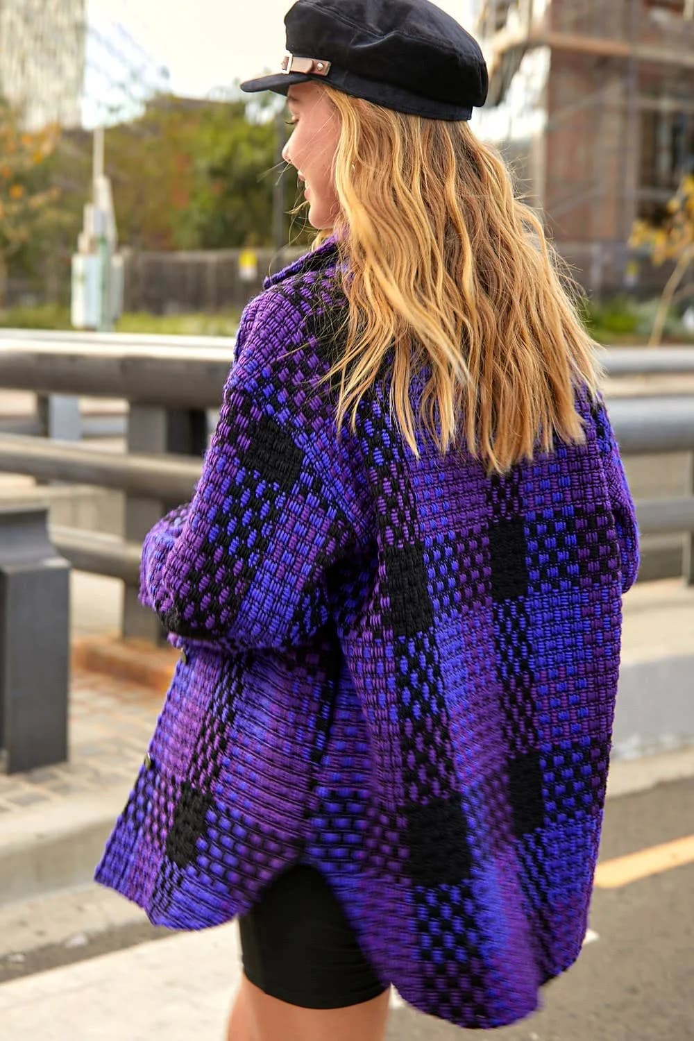 Purple Checkered Patterned Loose Fit Jacket with Front Pockets by La Miel