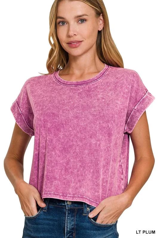 Acid Wash Cotton Folded Sleeve Top Zenana