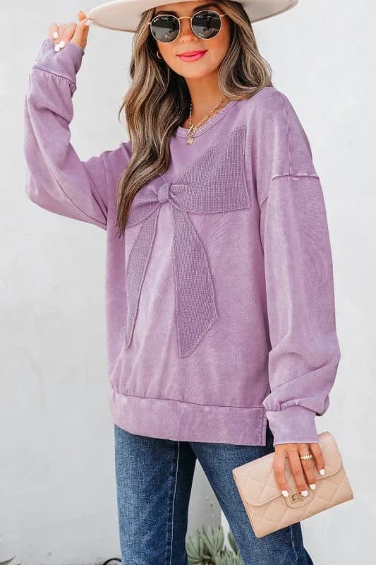 Solid Bow Patchwork Mineral Wash Sweatshirt