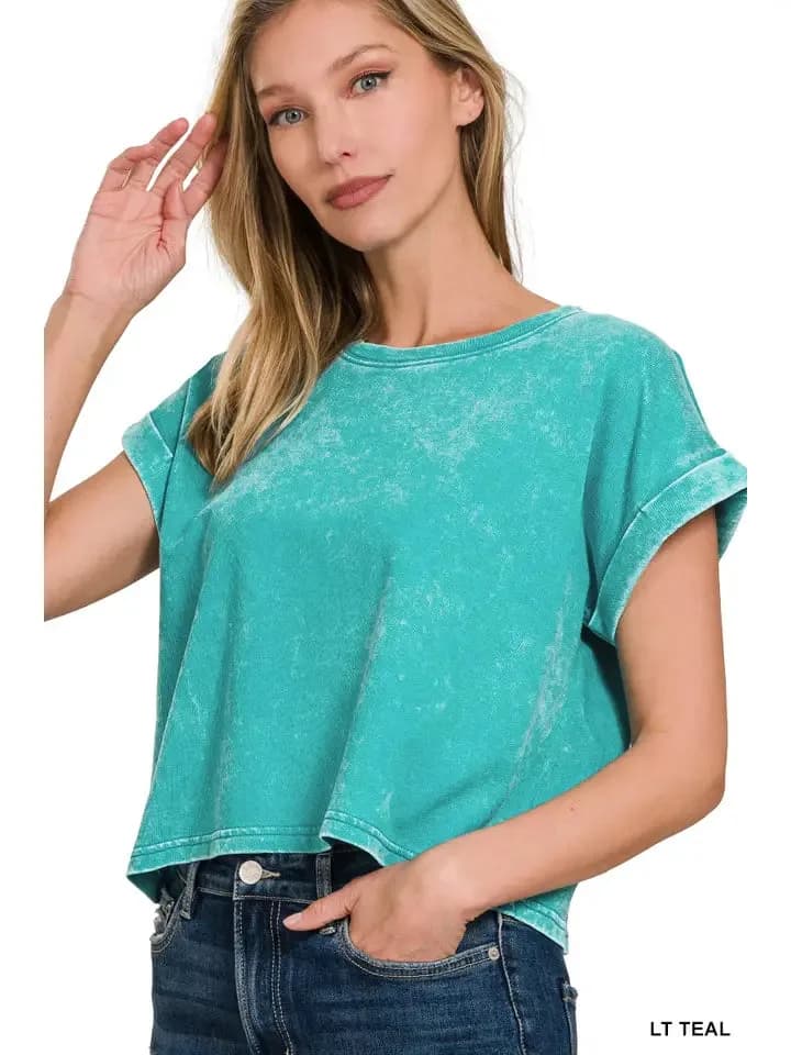 Acid Wash Cotton Folded Sleeve Top Zenana