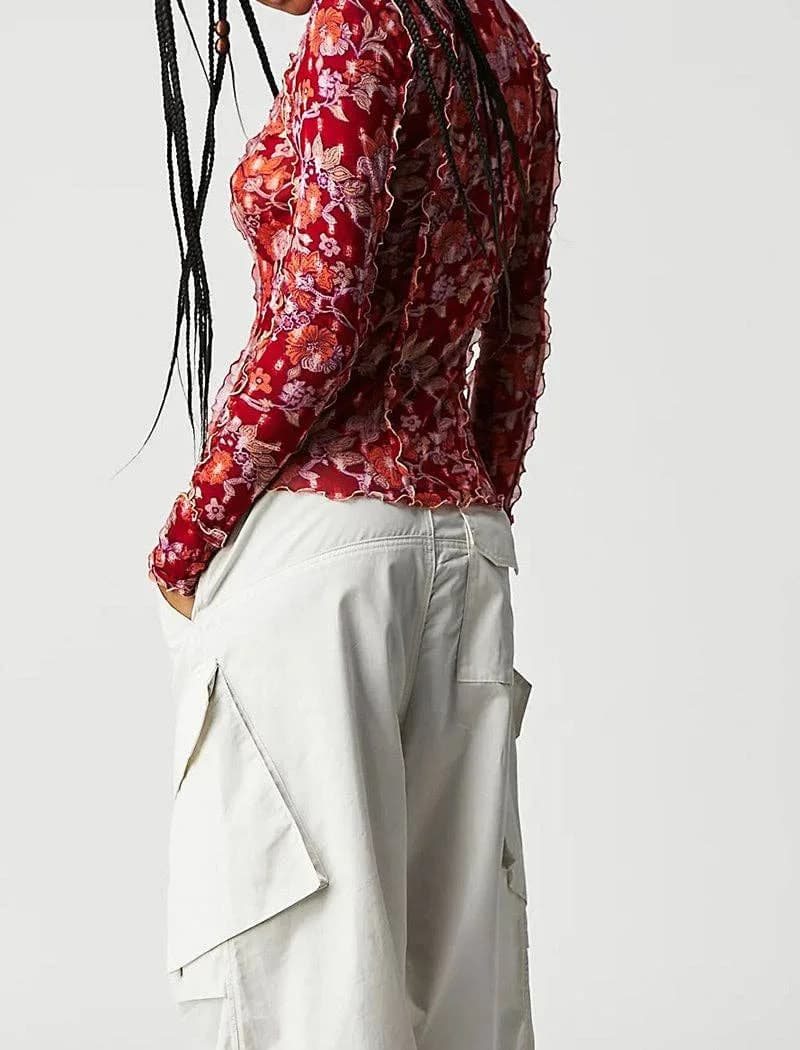 Floral Ruffle Trim Long Sleeve Top