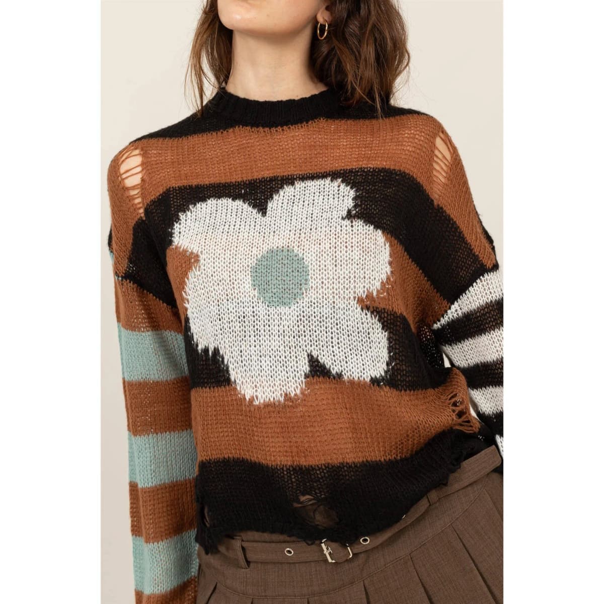 Long Sleeve Floral Stripe Sweater