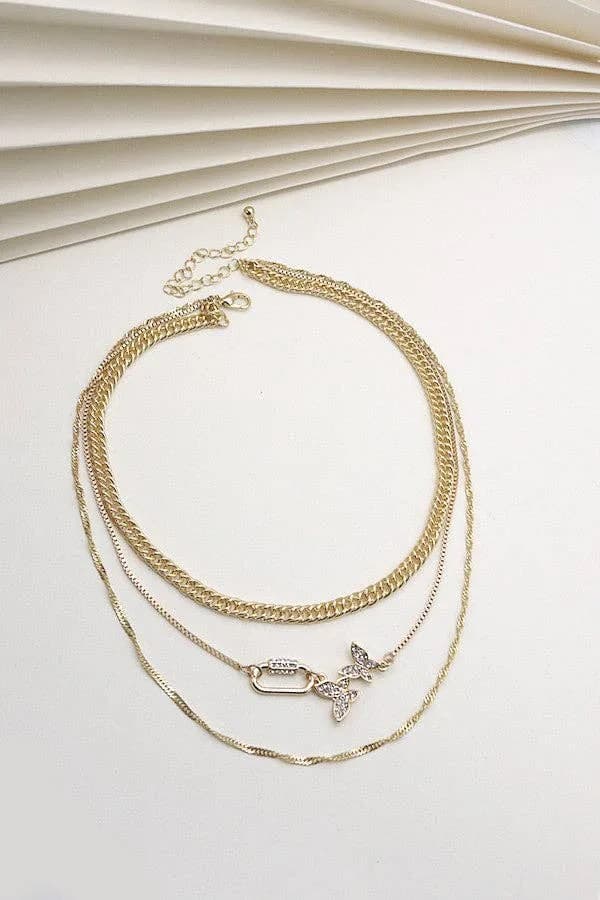 Rhinestone Butterfly Lock Multi Chain Necklace