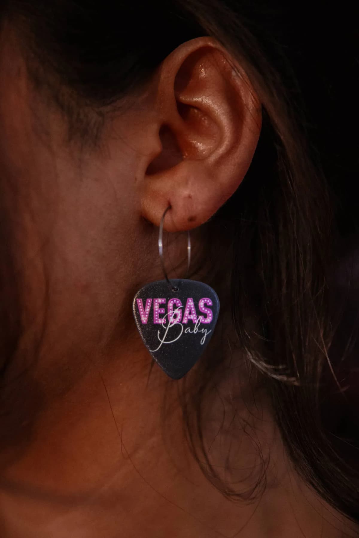Vegas Baby Black Reversible Single Guitar Pick Earrings Stainless Steel 14k (25mm)
