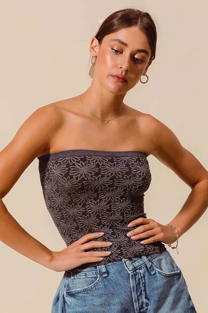SO ME Jacquard Floral Two Tone Seamless Tube Top