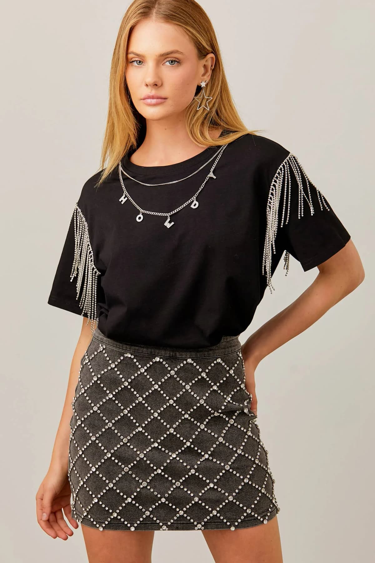 Back Zipper Rhinestone Denim Mini Skirt