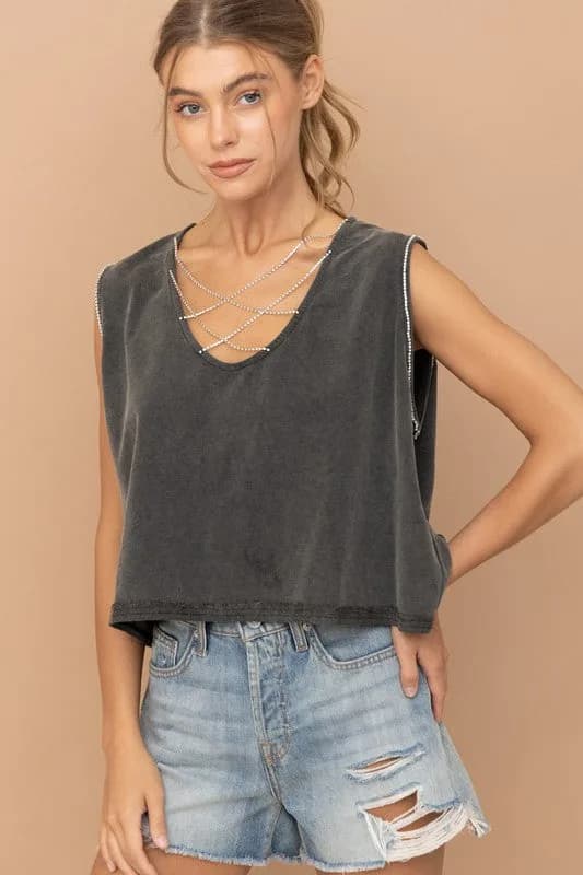 Mineral Washed Rhinestone Tank Multiple Colors