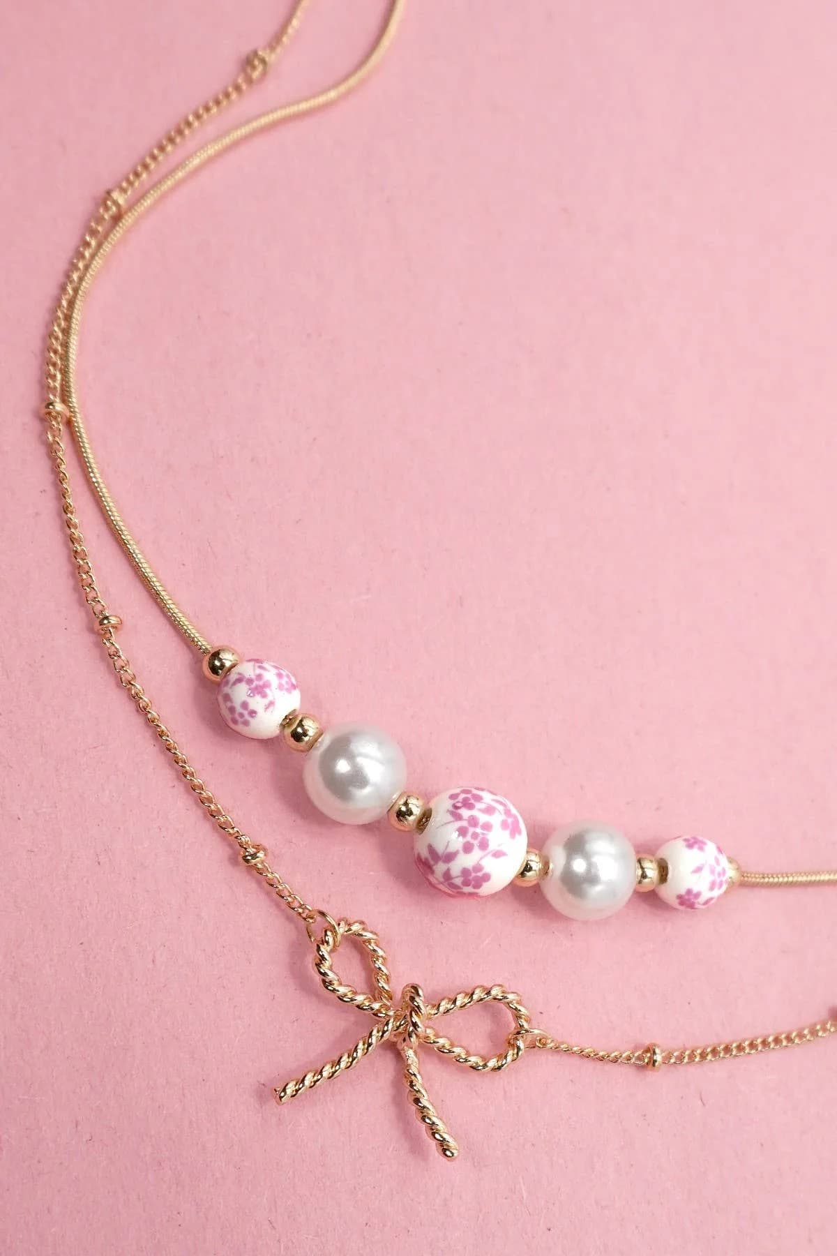 Pink Ceramic Porcelain Pearl Mix Layered Necklace