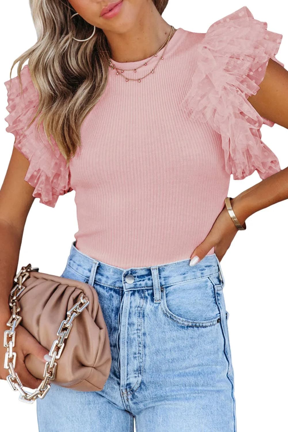 Dotty Mesh Ruffle Sleeve Ribbed Knit Top Full Time Purchase (Black)