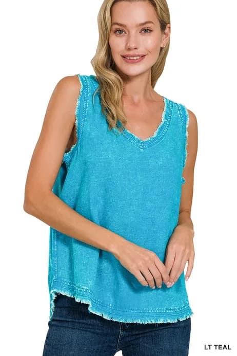 Washed Linen Frayed Edge Vneck Sleeveless Top Zenana (Deep Camel)