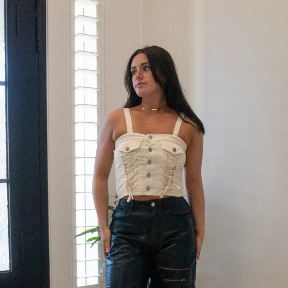 Denim Button Down Lace Up Detail Smocked Back Crop Top