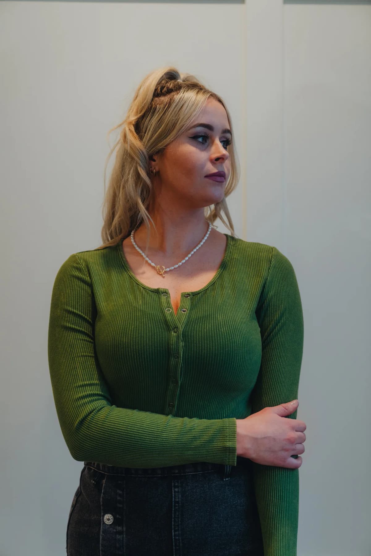 Mineral Wash Ribbed Snap Buttons Long Sleeve Bodysuit