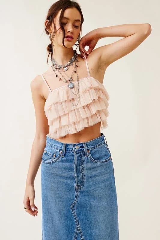 Ruffled Tulle Tiered Cropped Tank Top