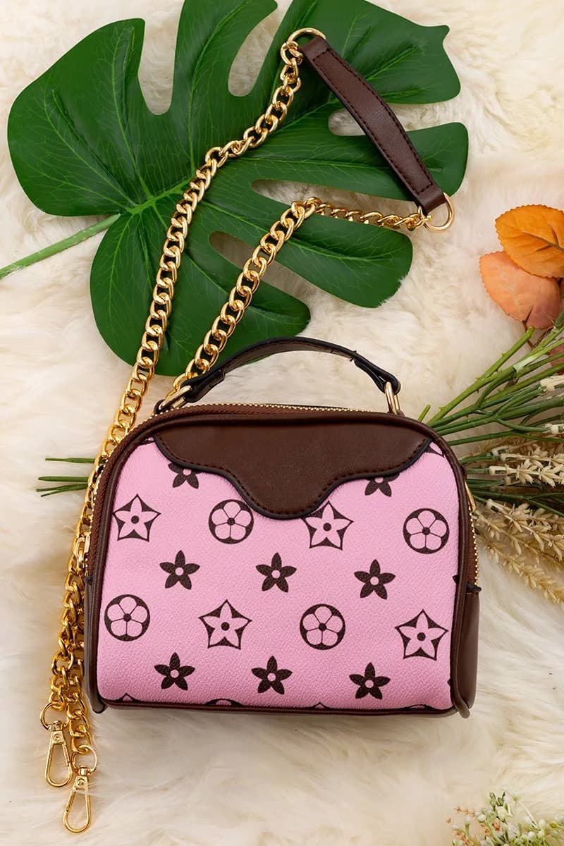 PINK WITH BROWN TRIM CROSSBODY SATCHEL