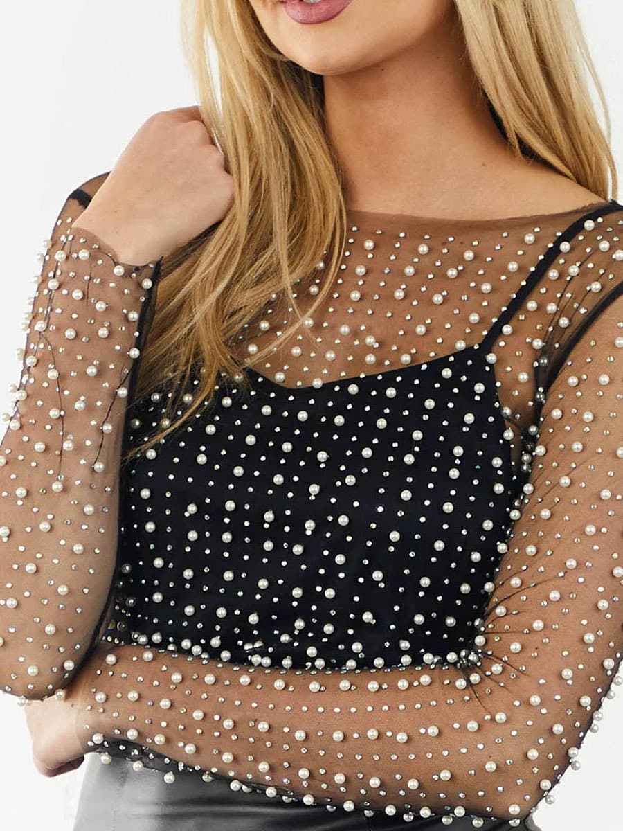 Pearl Rhinestone Studded Sheer Mesh See Through Top