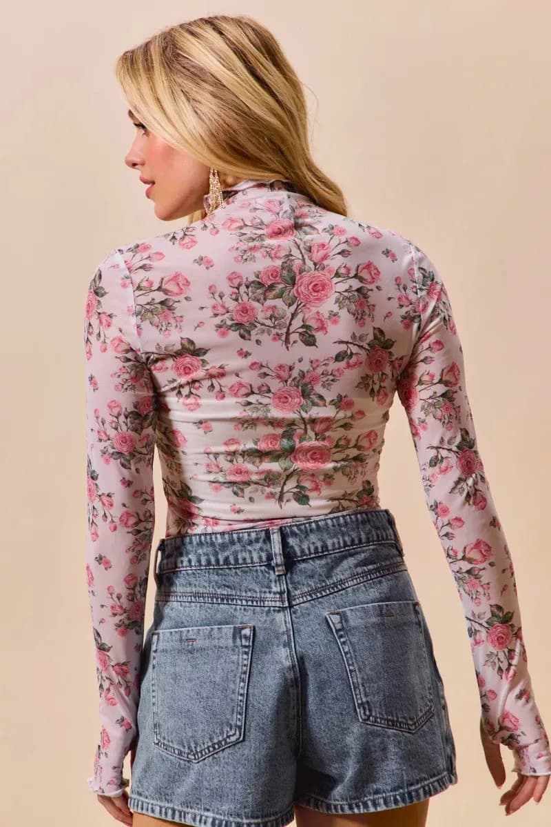 SO ME Floral Rose Print Mesh Sheer Layering Top