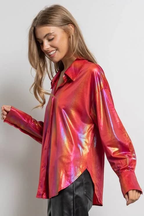 Rainbow Button Up Long Sleeve Blouse Shirt by KIWI