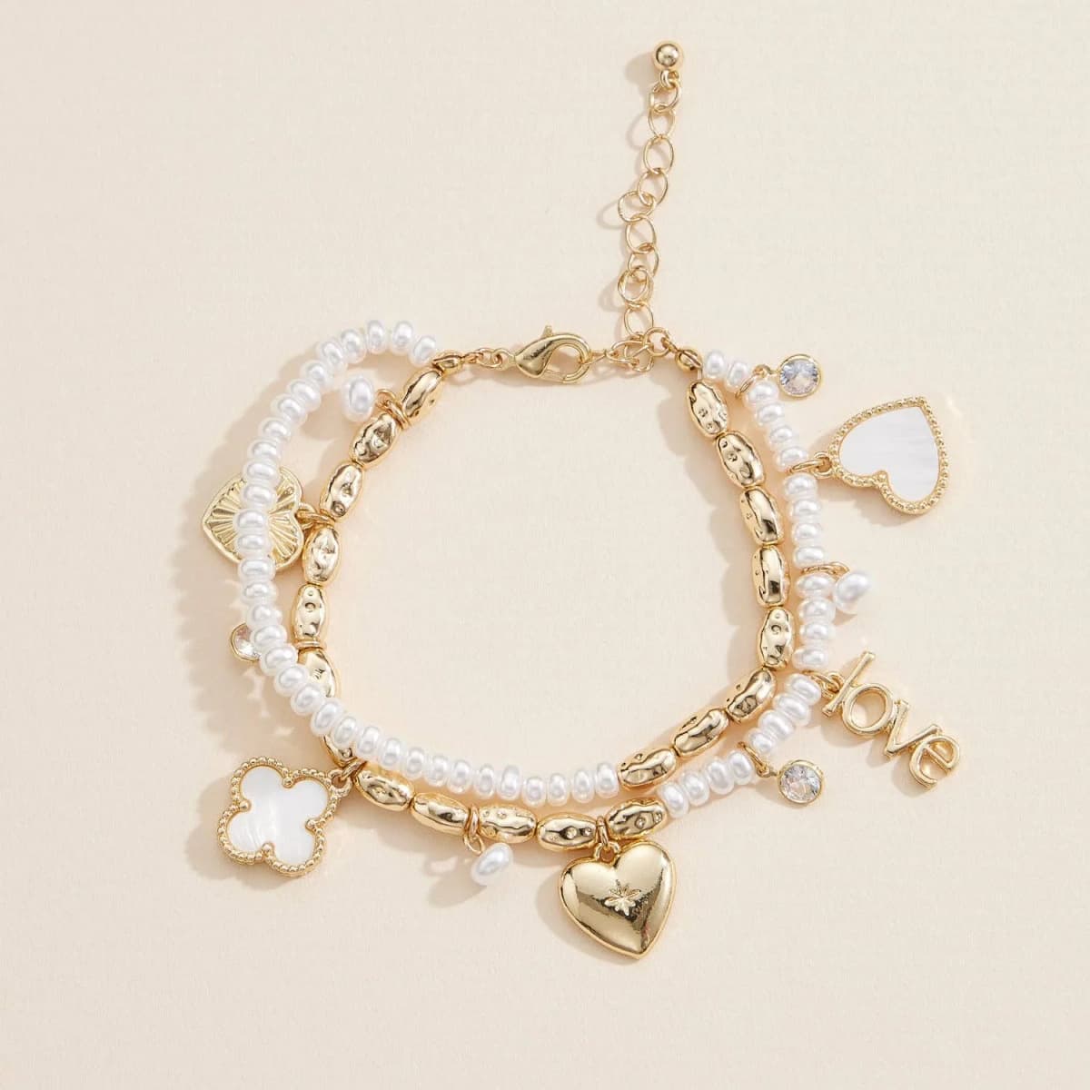 Layered Pearl Charm Bracelet Love Heart and Clover Pendants