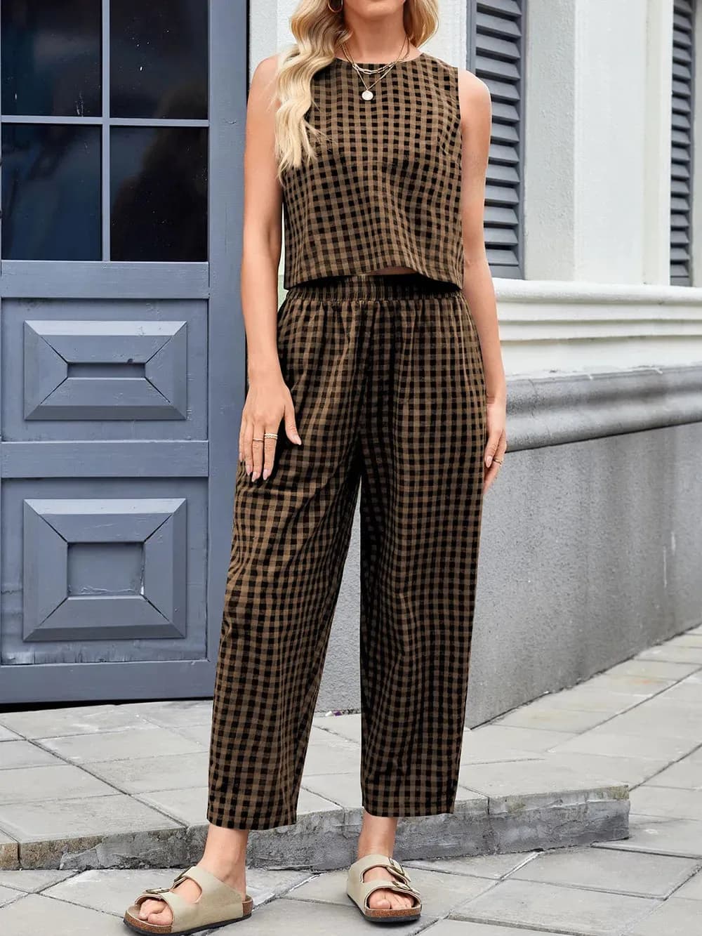 Lovelet Plaid Round Neck Sleeveless Top and Pants Set in Multiple Colors