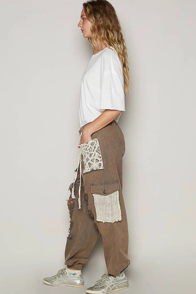 POL Camo Crochet Patches Distressed Jogger Pants
