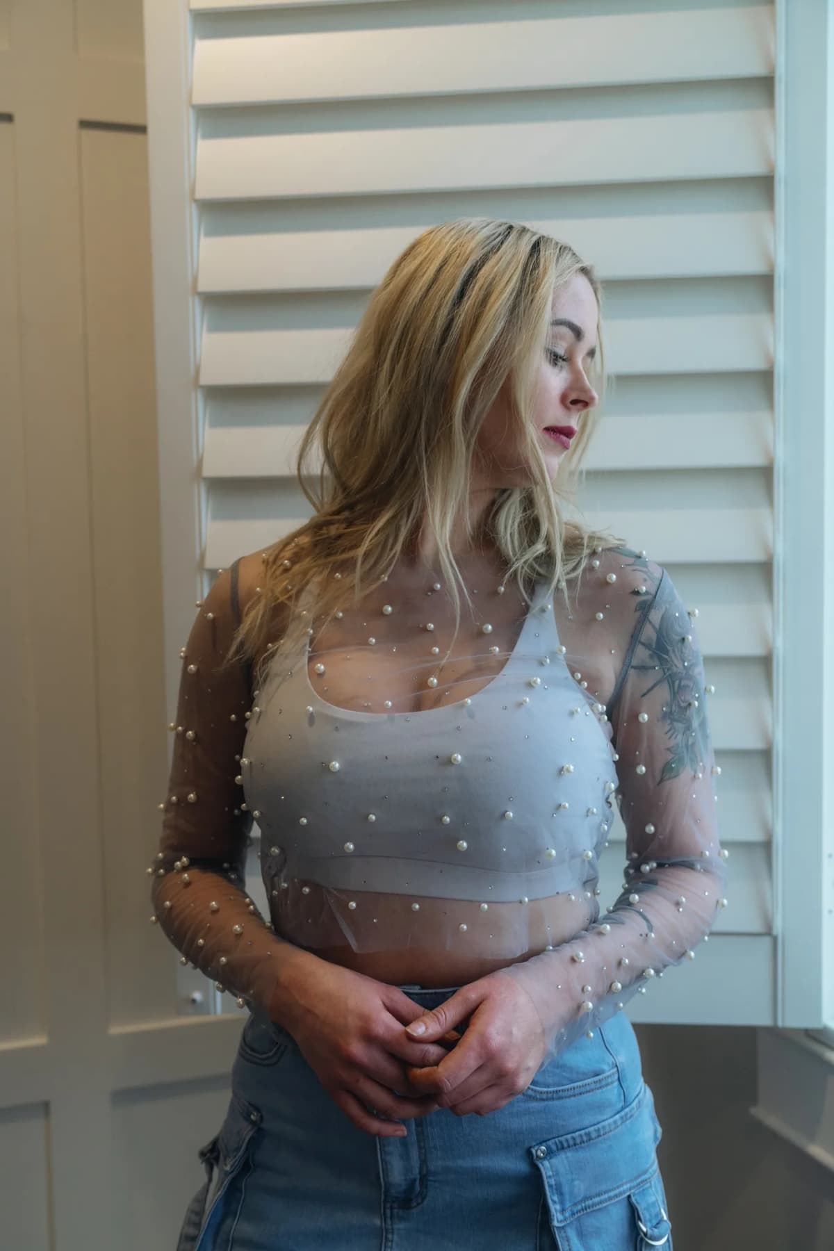 Pearl Trim Sheer Mesh Crop Top