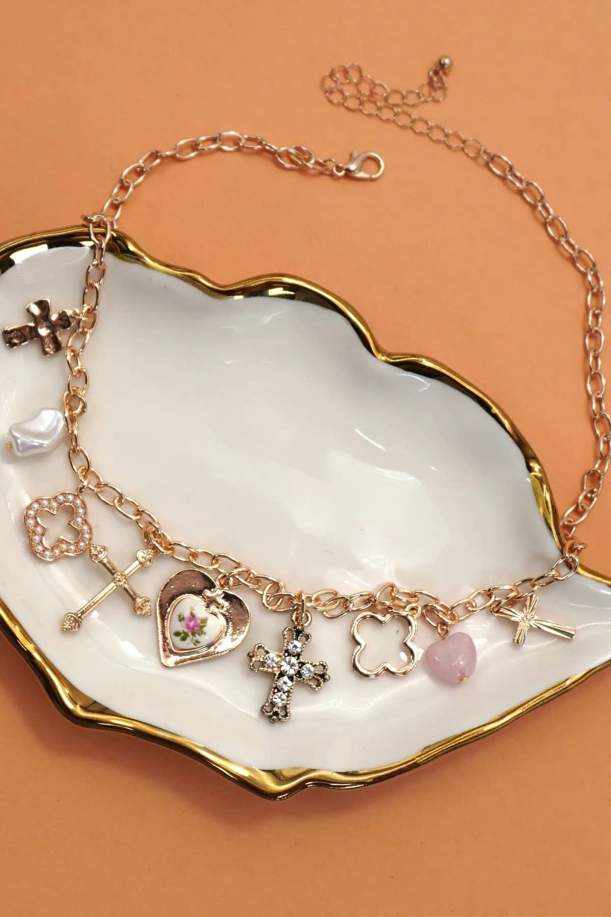 Charm Necklace Clover Cross Porcelain Flower