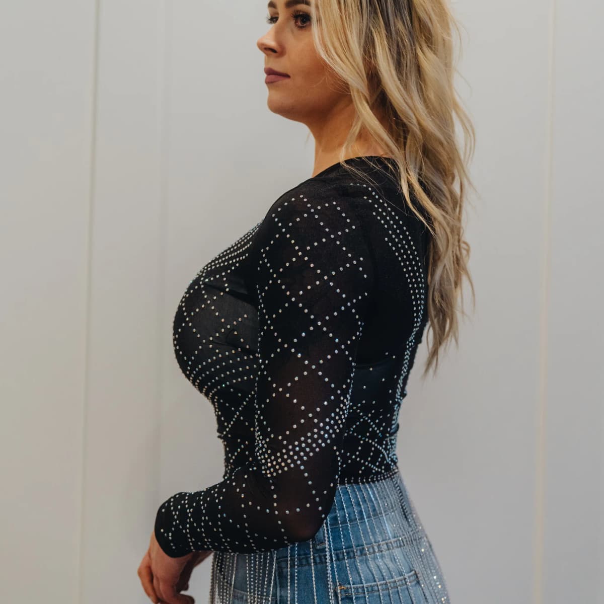 Stretch Mesh Studded Rhinestone Fringe Long Sleeve Top