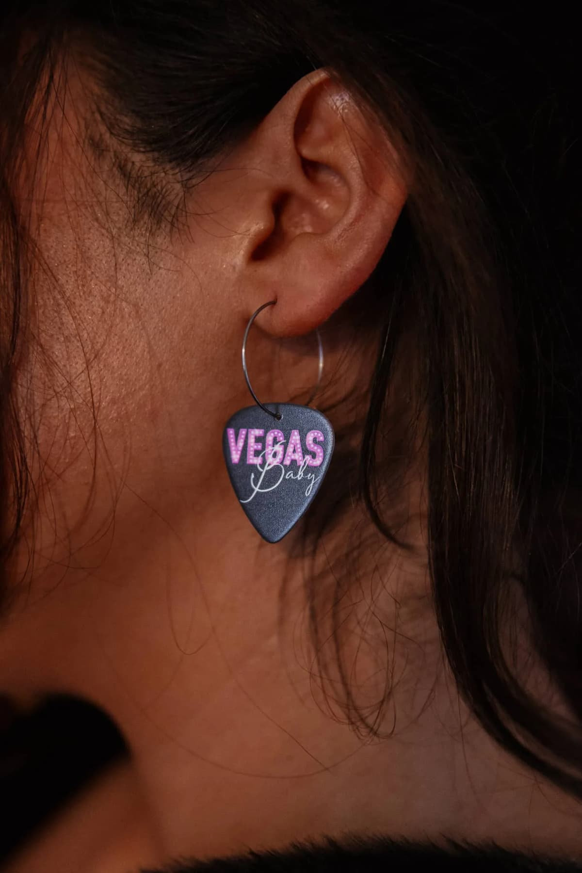 Vegas Baby Black Reversible Single Guitar Pick Earrings Stainless Steel 14k (25mm)