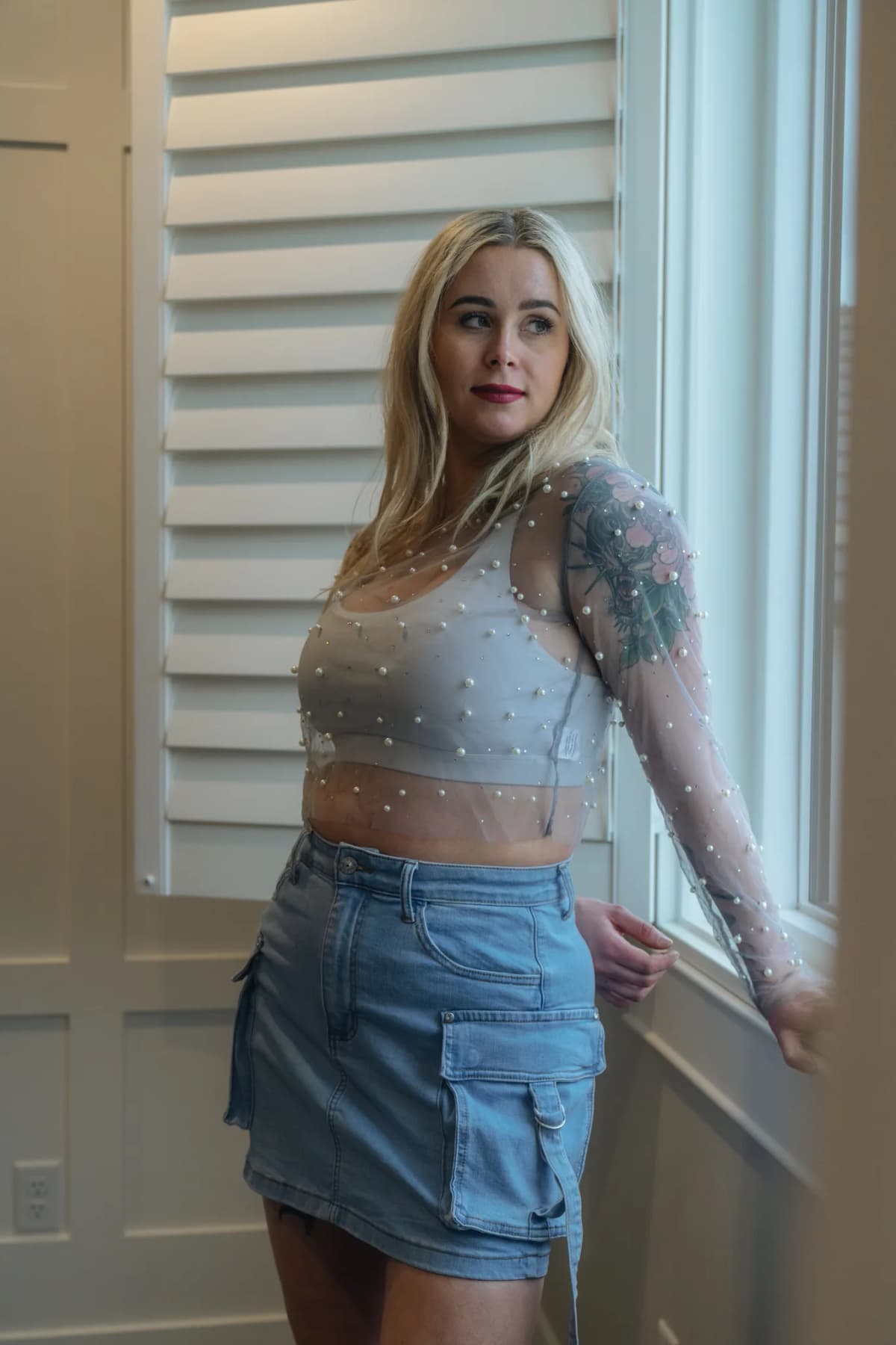 Pearl Trim Sheer Mesh Crop Top