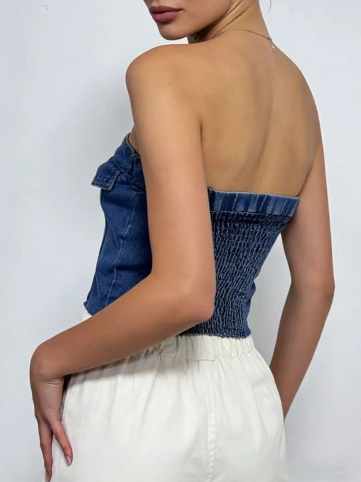 Button Front Denim Tube Top