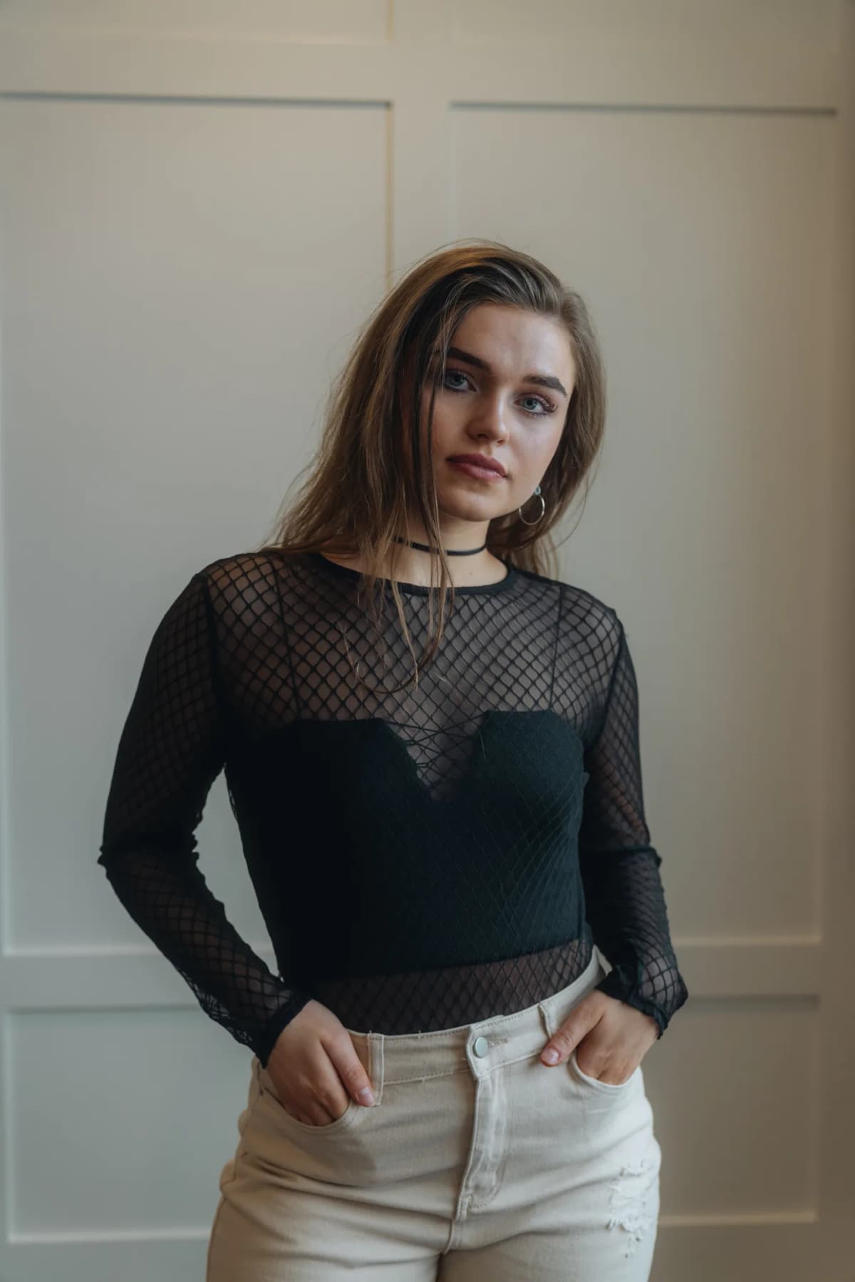 Lattice Mesh Round Neck Long Sleeve Bodysuit