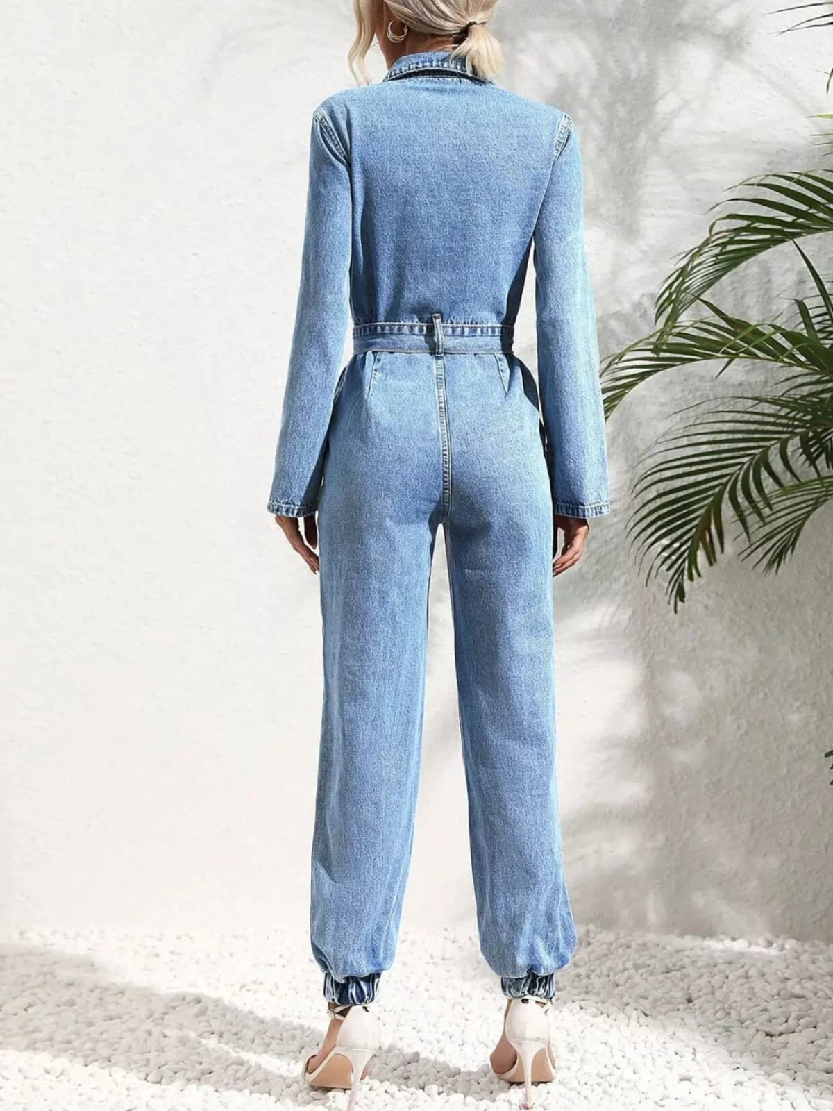 Button Front Belt Denim Jumpsuit
