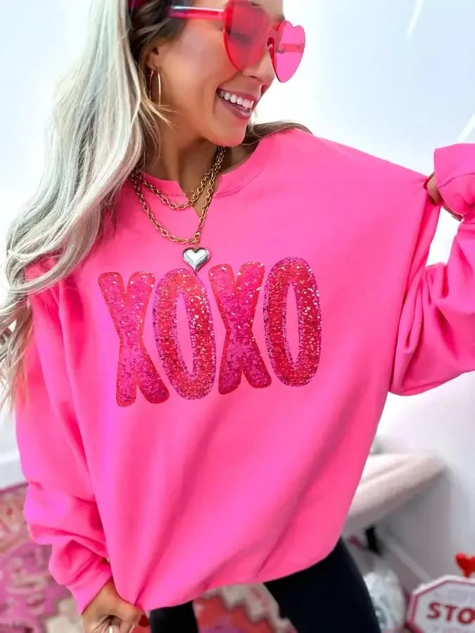 Xoxo Glitter Neon Pink Spilt Neck Graphic Crewneck