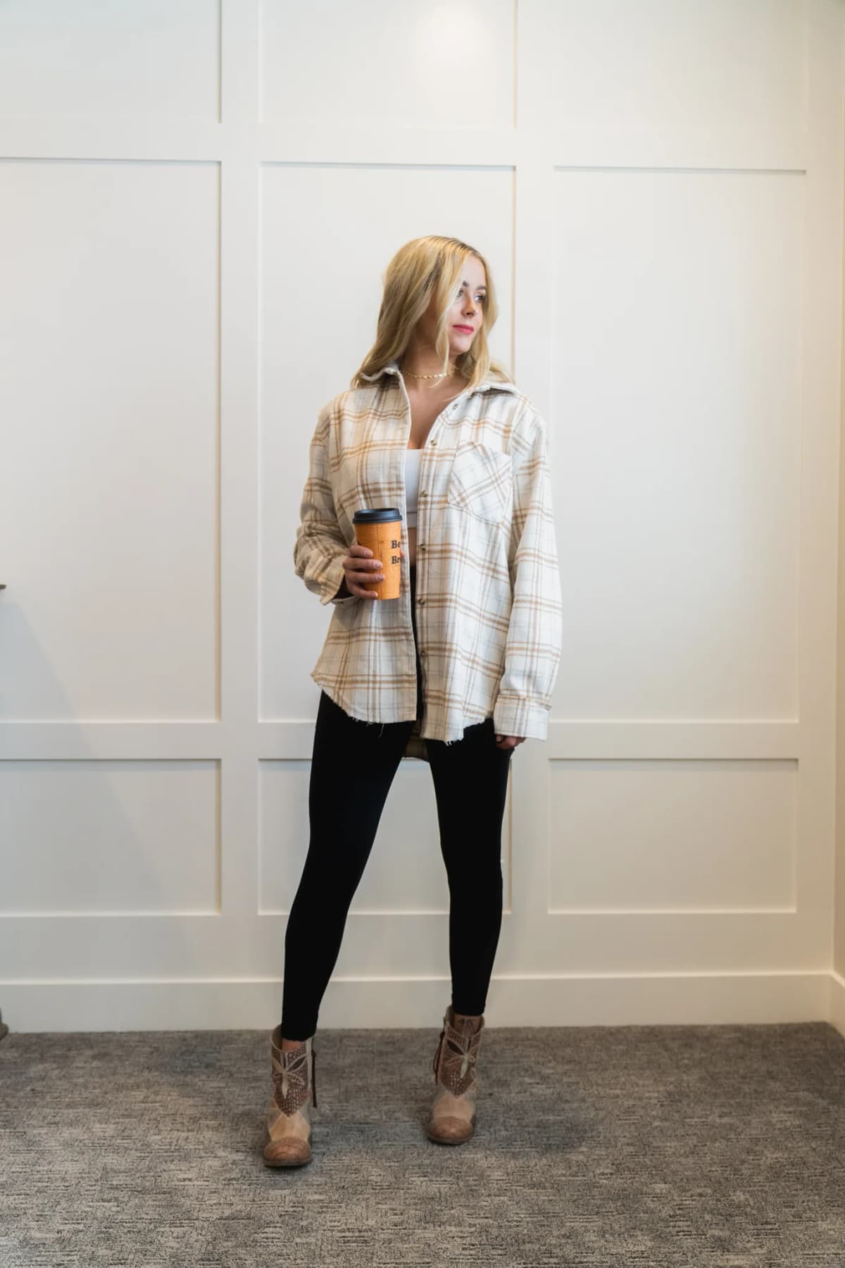 Button Down Fall Winter Plaid Shacket La Miel (Brown)