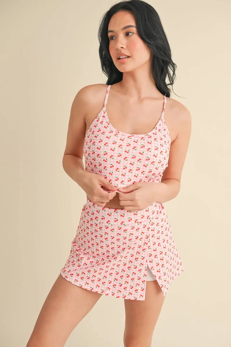 Cherry Gingham Print Racerback Crop Tank by Kimberly C