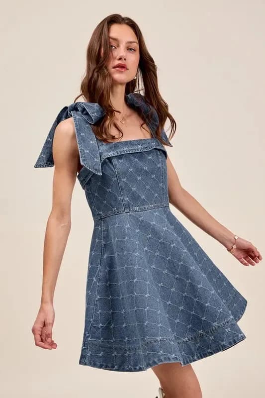 A Line Fit and Flare Diamond Bow Ribbon Denim Dress
