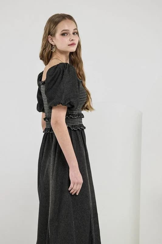 Denim Off Shoulder Puff Sleeves Smocked Dress