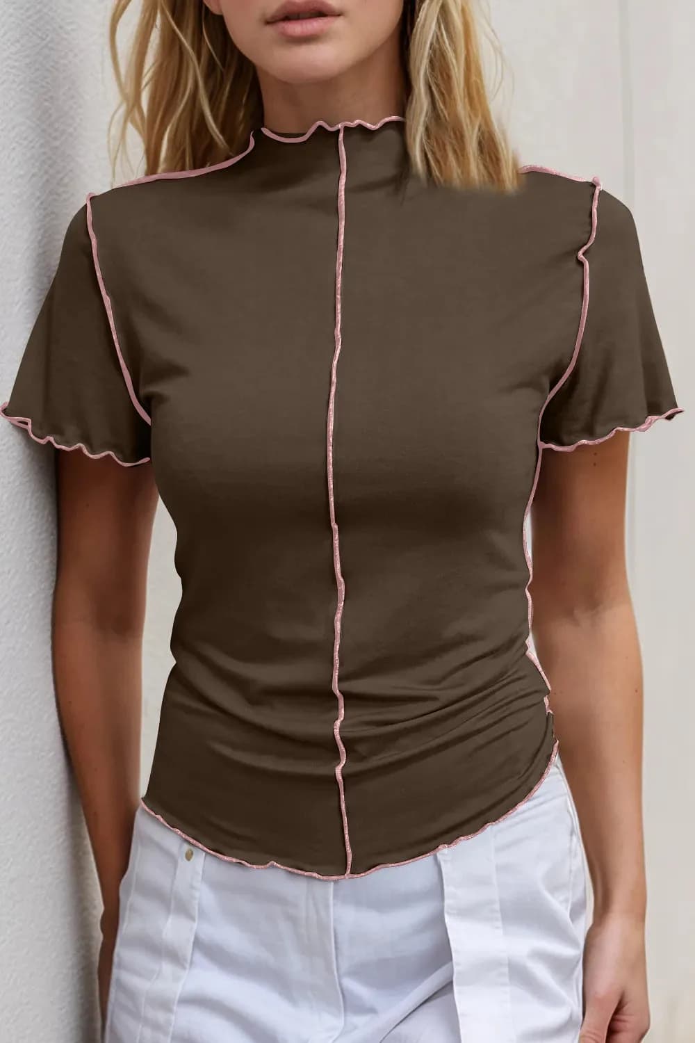 Basic Bae Contrast Trim Mock Neck Short Sleeve T-Shirt in Multiple Colors